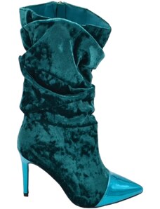 Malu Shoes Tronchetto stivaletto verde petrolio donna in velluto arricciato punta lucida tacco a spillo 10 al polpaccio con zip