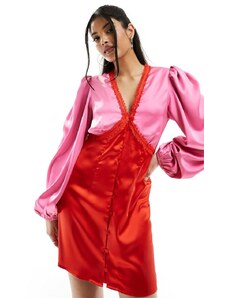 Never Fully Dressed - Vestito corto in raso e pizzo rosa e rosso con maniche a palloncino