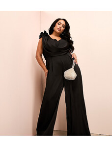 ASOS LUXE Curve - Tuta jumpsuit a fondo ampio nera in raso con scollo profondo e decorazioni floreali oversize-Nero