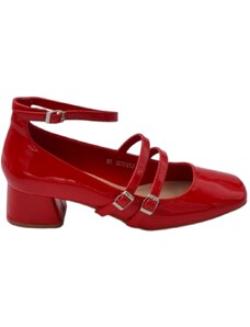 Malu Shoes Scarpa ballerina donna punta quadrata con tacco basso 5 cm cinturini regolabili alla caviglia vernice rosso lucido