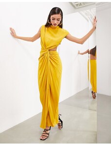 ASOS EDITION - Vestito lungo accollato drappeggiato con intagli color giallo oro-Nero