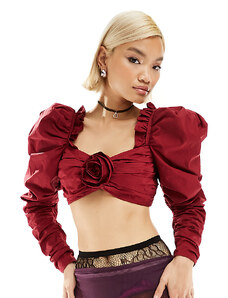 Labelrail x Dyspnea - Blusa taglio corto bordeaux con decorazione floreale e maniche a sbuffo stile rococò-Rosso