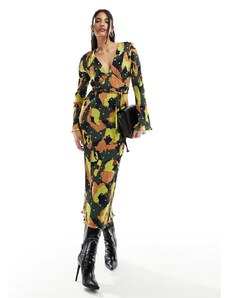 Never Fully Dressed - Vestito lungo plissé con maniche stile kimono e stampa kaki con motivo puntinato oro-Verde