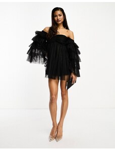 Lace & Beads - Vestito corto con maniche in tulle a balze nero