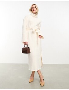 Pretty Lavish - Vestito maglia al polpaccio allacciato in vita color crema-Bianco