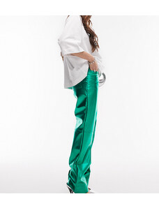 Topshop - Pantaloni in pelle sintetica verde dritti metallizzati a vita bassa