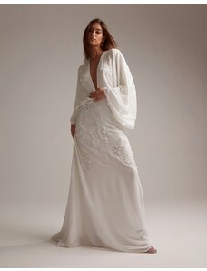 ASOS DESIGN - Lisa - Vestito da sposa con decorazione floreale, scollo profondo e maniche drappeggiate-Bianco