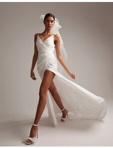 ASOS DESIGN - Constance - Vestito da sposa a portafoglio in raso con spalline sottili e strascico-Bianco