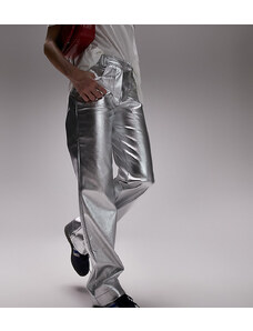 Topshop - Pantaloni dritti in pelle sintetica metallizzata argento con linguetta in vita-Grigio
