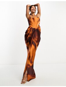 ASOS DESIGN - Vestito lungo con stecche effetto corsetto e gonna drappeggiata con stampa sfumata con cut-out-Multicolore