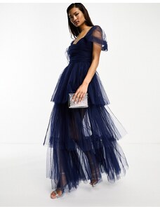 Lace & Beads - Vestito lungo in tulle asimmetrico color cobalto galattico-Blu navy