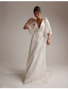 ASOS DESIGN - Amelia - Vestito da sposa con ricami in pizzo sangallo e maniche a kimono-Bianco