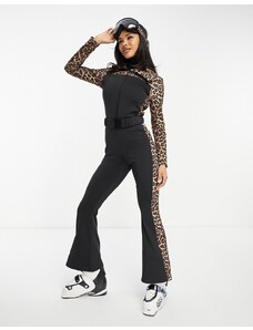 Threadbare - Tuta jumpsuit da sci leopardata a fondo ampio con cintura e zip-Nero
