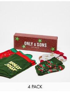 Only & Sons - Calendario dell'avvento con 4 boxer aderenti e calzini natalizi-Multicolore