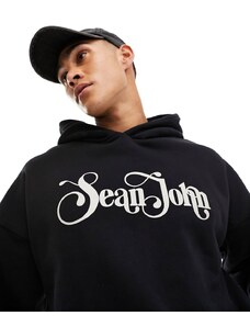 Sean John - Felpa nera con cappuccio e logo rétro stampato-Nero
