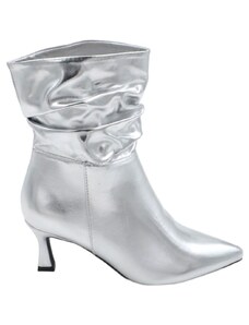 Malu Shoes Tronchetto donna stivaletto satinato argento altezza caviglia arricciato con tacco martini mini 3 cm zip