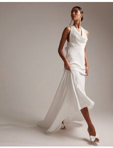 ASOS DESIGN - Marlowe - Vestito da sposa in raso con scollo ad anello allacciato al collo-Bianco