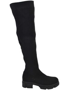 Malu Shoes Stivali combat in tessuto elastico effetto calza nero zeppa carrarmato 3 cm alti al ginocchio gambale morbido aderente
