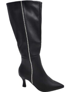Malu Shoes Stivali a punta donna in pelle nera con tacco a clessidra 8 cm aderente e strass argento zip laterale al ginocchio