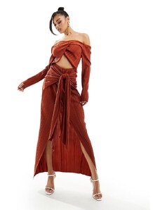 ASOS DESIGN - Vestito midi plissé color ruggine con scollo alla Bardot incrociato sul davanti-Multicolore