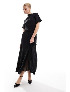 ASOS DESIGN - Vestito midi nero con scollo ad anello e fondo asimmetrico a pieghe