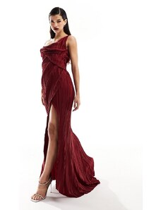 ASOS DESIGN - Vestito lungo monospalla premium color vinaccia drappeggiato e plissettato con spacco molto profondo-Rosso
