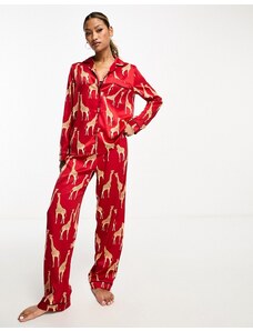 Chelsea Peers - Pigiama con top a maniche lunghe e pantaloni in raso rosso con stampa di giraffe