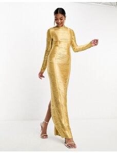 ASOS DESIGN - Vestito lungo dorato a maniche lunghe con frange-Oro