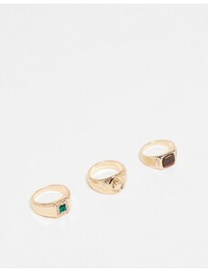 ASOS DESIGN - Confezione da 3 anelli con sigillo dorati con pietre sintetiche occhio di tigre-Oro