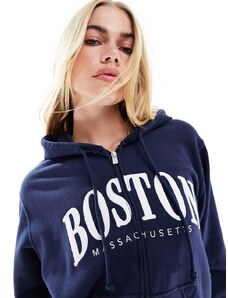 Hollister - Felpa con cappuccio blu con zip e stampa "Boston"-Blu navy