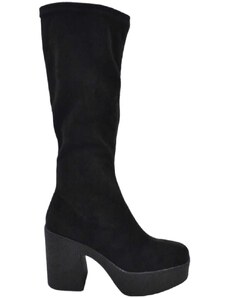 Malu Shoes Stivali donna in camoscio nero punta quadrata tacco 8cm plateau zeppa 3cm zip al polpaccio effetto calzino aderente