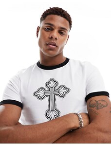 ASOS DESIGN - T-shirt attillata bianca con stampa di croce sul davanti e righe a contrasto sui bordi-Bianco