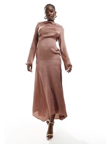 ASOS DESIGN - Vestito lungo accollato in raso marrone cioccolato con fondo asimmetrico