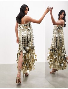 ASOS Edition - Futurist - Vestito al polpaccio a colonna con spalline sottili e frange con paillettes in 3D color oro