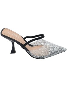 Malu Shoes Scarpe decollete slingback nero donna elegante punta trasparente con microperle tacco 10 cm cinturino retro tallone