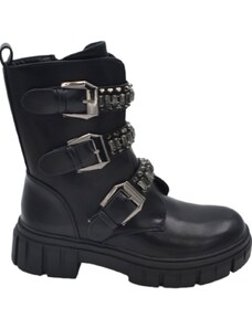 Malu Shoes Stivaletto anfibio scarpa donna nero con cinturini fibbie e strass tono su tono fondo alto in gomma zigrinata zip moda