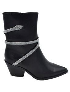 Malu Shoes Stivaletti tronchetti donna a punta nero con tacco western 4 cm cordoncino di strass avvolgente alla caviglia moda