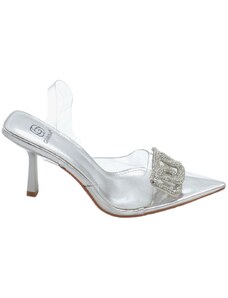 Malu Shoes Scarpe decollete punta slingback donna argento trasparente con accessorio strass argento tacco 10cm cinturino tallone
