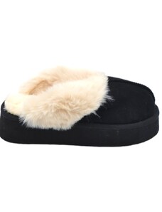 Malu Shoes Ciabatta pantofola donna platform nero con interno di pelliccia bianco senza chiusura comoda fondo alto 4,5 cm