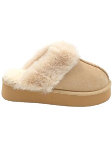 Malu Shoes Ciabatta pantofola donna platform beige con interno di pelliccia bianco senza chiusura comoda fondo alto 4,5 cm