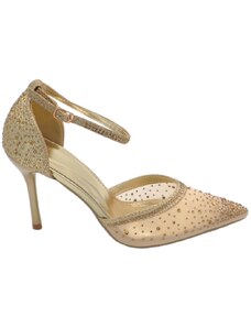 Malu Shoes Scarpe decollete donna elegante punta tessuto oro gold trasparente tacco 10 cm cinturino alla caviglia strass glitter