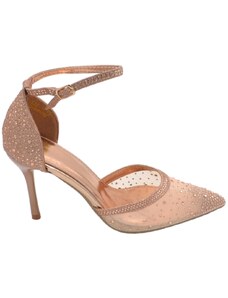 Malu Shoes Scarpe decollete donna elegante punta tessuto champagne trasparente tacco 10 cm cinturino alla caviglia strass glitter