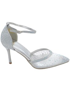Malu Shoes Scarpe decollete donna elegante punta in tessuto argento trasparente tacco 10 cm cinturino alla caviglia strass glitter