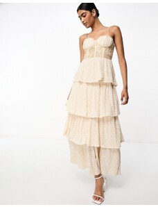 Never Fully Dressed - Vestito lungo da sposa color avorio dorato a balze con corsetto in pizzo e paillettes-Bianco