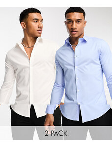 ASOS DESIGN - Confezione da 2 camicie stretch slim fit in bianco e blu - Risparmia-Multicolore