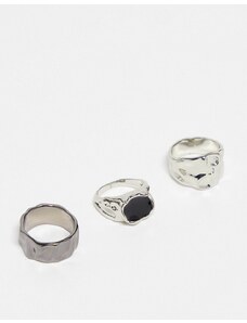 ASOS DESIGN - Confezione da 3 anelli multicolore con design effetto metallo fuso-Argento