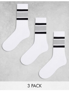 ASOS DESIGN - Confezione da 3 paia di calzini sportivi bianchi con righe grigie-Bianco