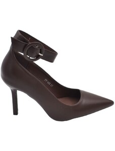 Malu Shoes Scarpa decollete donna marrone in pelle a punta con cinturino largo alla caviglia tacco a spillo 120