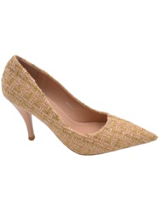 Malu Shoes Decollete scarpa donna a punta in tessuto tartan beige bianco e oro con tacco cono 10 cm moda