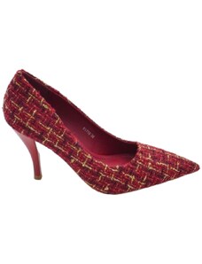 Malu Shoes Decollete scarpa donna a punta in tessuto tartan rosso bianco e nero con tacco cono 10 cm moda